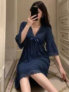 DAZY فستان قصير نسائي من الدانتيل مع رقعات وتصميم ضيق الخصر وأكمام 3/4، قميص نوم للخريف - أزرق بحري - مشاهدة 6