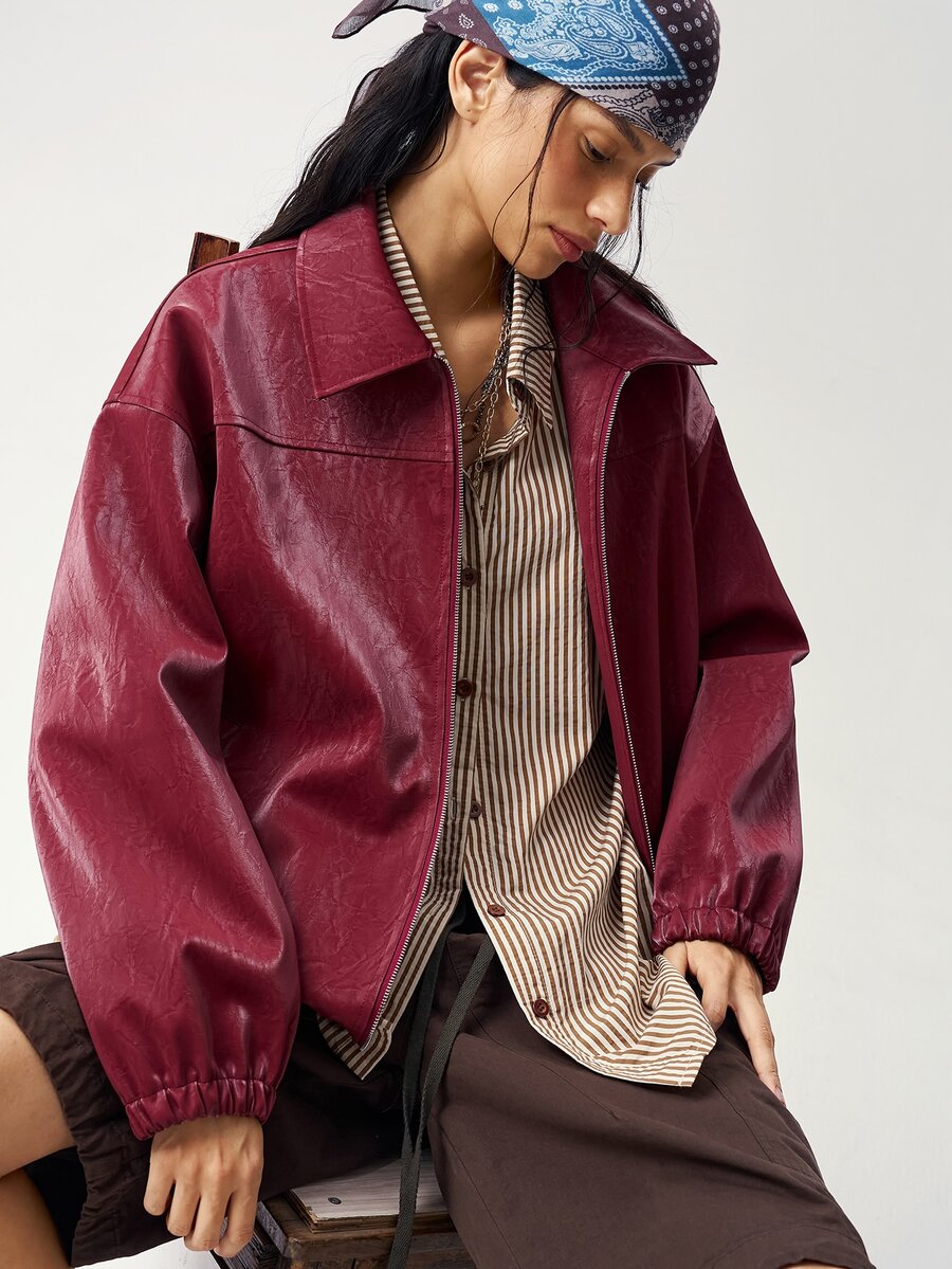 Bohemela Women's Solid Color PU Leather Drop Shoulder Long Sleeve Zipper Front Casual Regular Fit Jacket - Burgundy - View 1