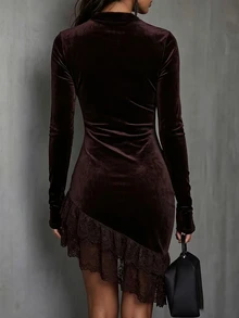 LUMIGAL Women's Velvet Pearl Button Cinched Waist Pleated Lace Patchwork Dress - Chocolate Brown - View 2