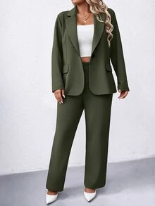 Elenzga 大尺碼純色正式西裝外套與長褲套裝 - 軍綠色 - 查看 6