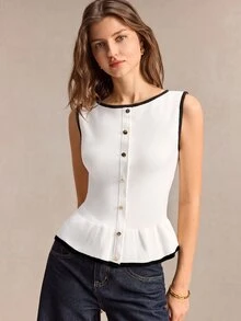 BizChic White & Brown Polka Dot Women's Knit Top With Contrast - White - View 6