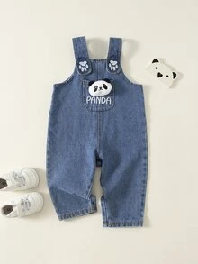 SHEIN 男女嬰兒/幼兒秋冬可愛熊貓娃娃牛仔吊帶褲，嬰兒牛仔連身褲，冬季連身衣，聖誕 - 藍色 - 查看 3