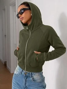 SHEIN EZwear 女款純色極簡運動休閒寬鬆連帽衛衣，適合畢業、機場、返校穿搭，教師秋季灰色 - 軍綠色 - 查看 6