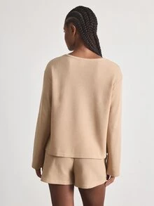 Ocili Minimalist Comfortable Casual Easy-To-Care-For Long Sleeve Shorts Pajama Set Soft Women's Loungewear Set - Khaki - View 3