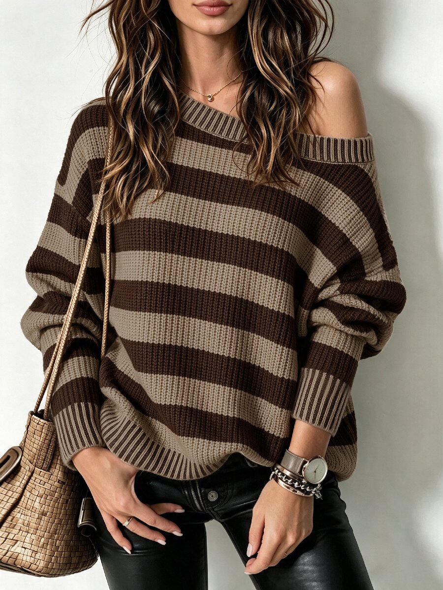 Trelyra New Fall Winter Women Retro Contrast Off-Shoulder Striped Knit Top. Brown Drop Shoulder Sweater, Great For Commute & Daily Wear. Retro Style, Soft Kni - Multicolor - View 1