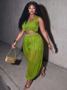 Slaydiva Plus Size Women's Pleated Design Cropped Sleeveless Top And Lantern Pants Fashion Set - Green - View 8