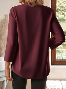 EMERY ROSE Blus Elegan Wanita Warna Polos Minimalis dengan Saku untuk Kantor - Burgundy - View 2