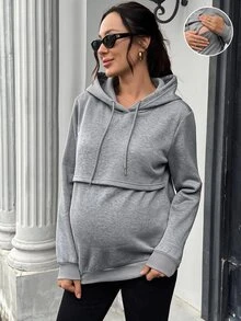 SHEIN 孕婦純色長袖休閒抽繩連帽哺乳衛衣 冬季 - 灰色 - 查看 9