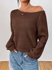 SHEIN PETITE 白色女款長袖套頭毛衣，可披肩穿著，適合秋冬，適合嬌小女性 - 摩卡棕 - 查看 7