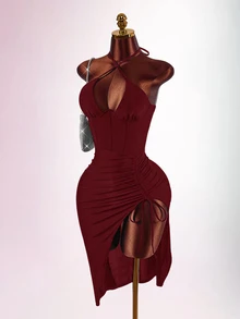 Amplova Women's Sexy Elegant Fishbone Drawstring Tie-Up Slit Dress - Burgundy - View 3