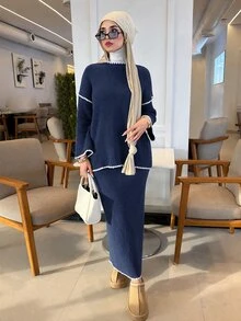 Solavon 女款多功能時尚綠色長袖套頭上衣與裙子套裝，圓領處飾有對比色千鳥格邊緣細節 - 藏蓝色 - 查看 4