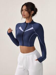 Slayform Slayform Cropped Striped Colorblock Zipper Long Sleeve Sports Jacket - Multicolor - View 3