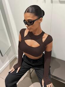 SHEIN ICON Y2K 前開衩黑色短版上衣附袖套，女款立領修身純色上衣，春夏/秋季，休閒日常穿搭 - 棕色 - 查看 3