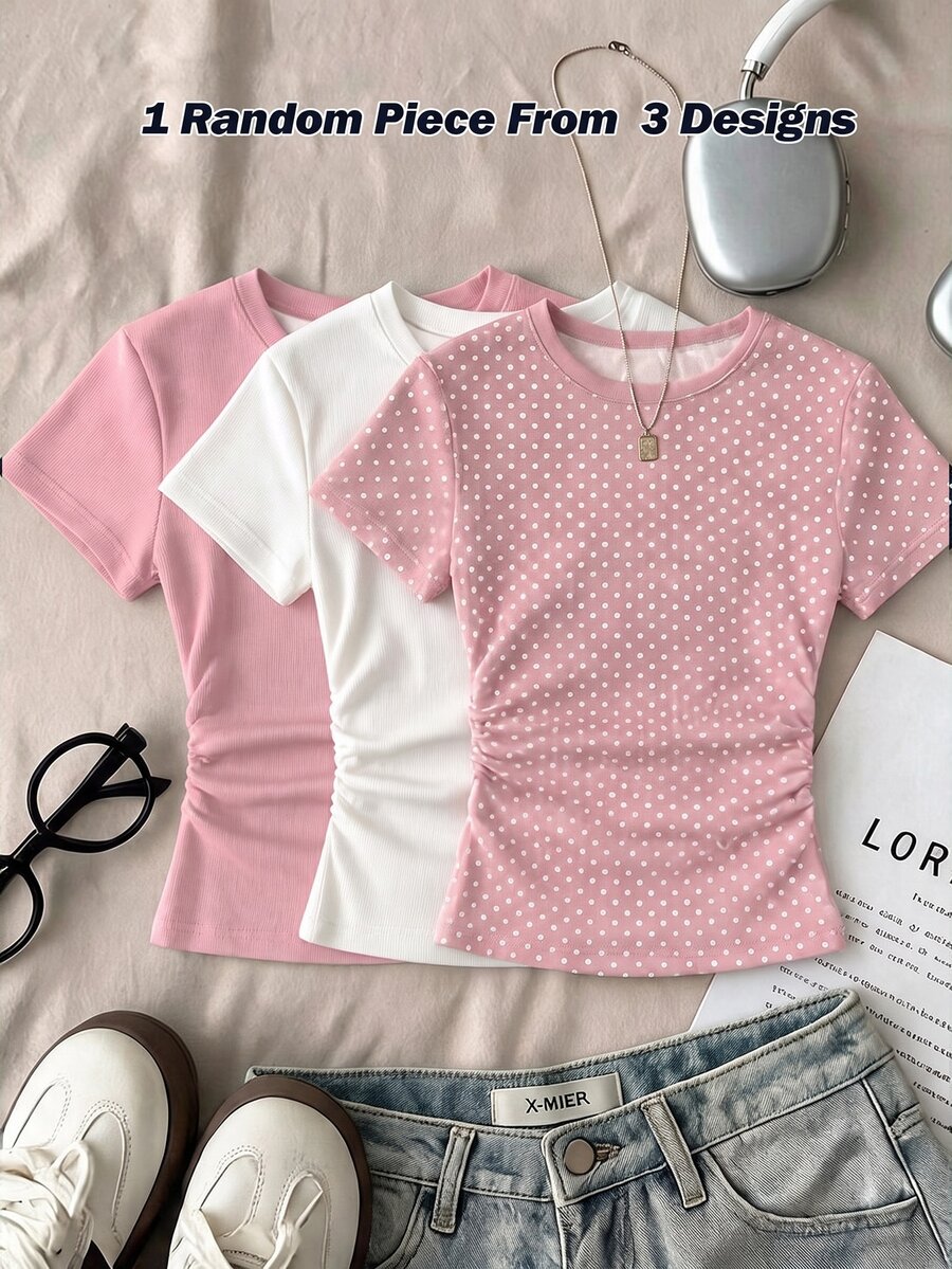 Kaos Remaja Perempuan Lengan Pendek Model Sederhana dengan Kerah Bulat dan Detail Kerutan di Pinggang, Gaya Serbaguna untuk Musim Semi dan Musim Panas - MultiWarna - View 1