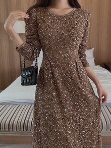DAZY Women's Elegant Sequin Pleated Long Sleeve Dress For Vacation - Khaki - View 7