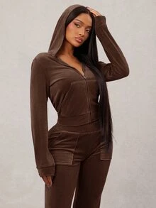 Radiana Plus Size Women Solid Color Hoodie And Pants Casual Everyday 2 Pieces Set - Brown - View 4