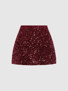 Sweetra Women's Fashionable Two-Tone Sequin Embellished Elegant Skirt - Burgundy - View 2