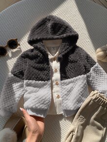 SHEIN 中性嬰兒男/女嬰秋季/冬季保暖內裡加厚拼色拼接連帽夾克，嬰兒男童秋冬裝，復古風 - 彩色 - 查看 1