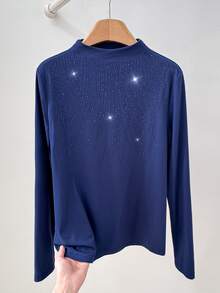 Rusticease Winter Clothes Women Casual Blouses Rhinestone Long Sleeve Casual T-Shirt Women Elegant Women's Blouses New Year Blue Chic - Navy Blue - View 3