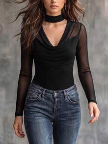 SHEIN LUNE CURVE Women's Early Autumn New Ruched Neck Long Sleeve T-Shirt, Versatile Casual Style - Black - View 3