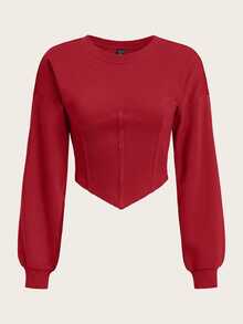 SHEIN EZwear 純色落肩手帕下擺短版運動衫，秋冬長袖上衣 - 酒紅色 - 查看 1