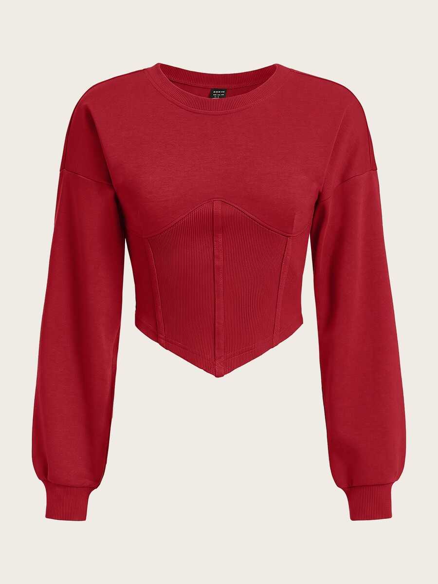 SHEIN EZwear 純色落肩手帕下擺短版運動衫,秋冬長袖上衣 - 酒紅色 - 查看 1