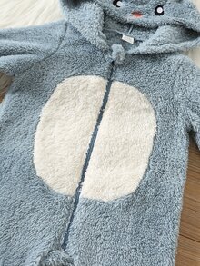 SHEIN 中性新生兒男嬰/女嬰秋冬可愛毛絨兔子連身衣，嬰兒冬季連身衣，紮染連身衣 - 藍色 - 查看 5