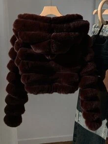 SHEIN EZwear 女款時尚純色毛絨連帽短版夾克，秋冬夜生活穿搭，米白色休閒優雅風 - 咖啡棕 - 查看 2