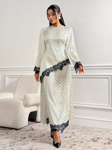 Veilorie Women's Polka Dot Pattern Contrast Lace Asymmetrical Hem Top And Skirt Arabic Costume Set - Apricot - View 3