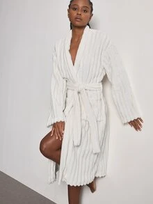 Ocili Double-Sided Wide Stripe Flannel Comfortable Minimalist Soft Robe Women's Loungewear - White - View 7