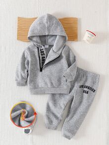 SHEIN 2件組男孩時尚休閒極簡半拉鍊立領連帽衛衣加長運動褲套裝，日常穿著，秋季白色 - 灰色 - 查看 8