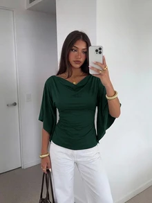 Siren Gaze 女款優雅秋季垂領短袖T恤，修身抓皺肩部上衣，適合早午餐、商務休閒辦公穿著襯衫 - 墨綠色 - 查看 1