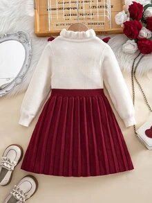 SHEIN Young Girl Loose Casual Minimalist Comfortable Peter Pan Collar Patchwork Contrast Color Bowknot Decor Sweater Dress - Red - View 2