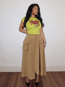 Slaydiva Plus Size Cargo Pocket Wrap Maxi Skirt, Asymmetrical Hem High Waist Casual Long Skirt For Curvy Women - Khaki - View 10