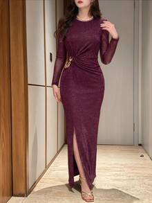Feyla New Shoulder Pads Waist Pleats Slimming Design Metal Chain Decoration Elegant Elegant Banquet Dress - Red Violet - View 3