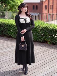 Bijouette Plus Size Contrast Frill Trim Square Neck Bowknot Front 2 In 1 Dress,Cafe,Afternoon Tea,Preppy Style,Christmas,Ladylike,French Vintage Fall - Black - View 8