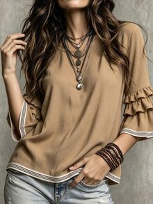 Glimmora Women's Summer Autumn New Contrast Color French Casual Loose Ruffle 3/4 Flare Sleeve Plus Size Blouse - Khaki - View 4