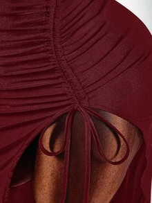Amplova Women's Sexy Elegant Fishbone Drawstring Tie-Up Slit Dress - Burgundy - View 8