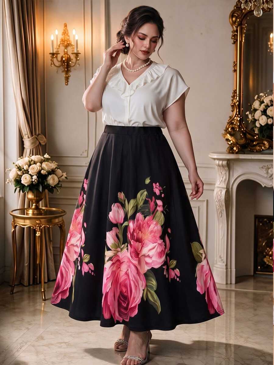 Rometta Plus Size High Waisted Skirt With Flared Hem Midi Skirt Fall - Multicolor - View 1