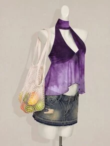 SHEIN ICON Y2K 夏季女款 V 領波西米亞海灘度假嘻皮風夏威夷娃娃裙式飄逸掛脖印花漸層青色背心上衣 - 紫色 - 查看 9