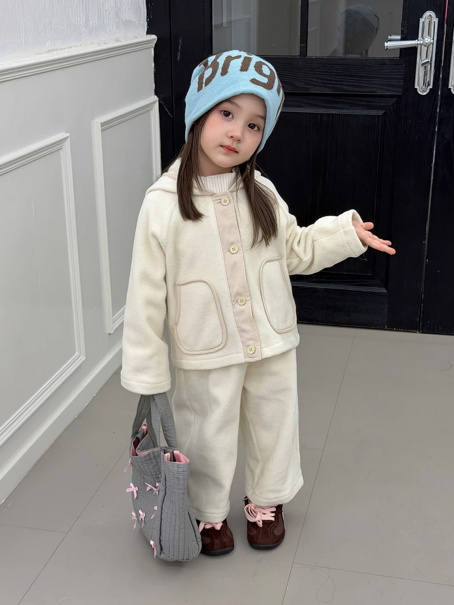 DAZY Infant (Girl) Hooded Korean Style Long Sleeve Autumn/Winter Fleece Jacket Set - Apricot - View 1