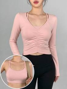 DAZY Women's Solid Color Pleated Casual Daily Travel Sports T-Shirt - Pink - View 2