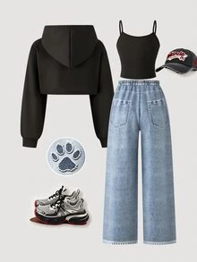 SHEIN ChillGRL 兒童 80 年代賽車運動學院風青少年女孩街頭風牛仔效果長褲、連帽衫、秋季套裝、細肩帶上衣，校園運動風，紫色、黑色、灰色 - 黑色 - 查看 2