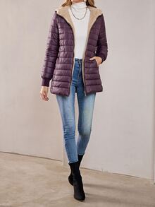 Aveloria Modichic 女款純色長袖拉鍊連帽抓絨休閒加厚棉服外套，冬季保暖衣物 - 紫色 - 查看 3