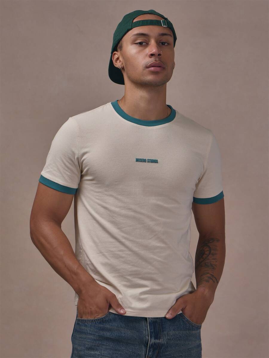 Musero Contrast Ringer Tshirt In Muscle Fit Puff Print Chest Logo Autum Winter Essentials - Apricot - View 1