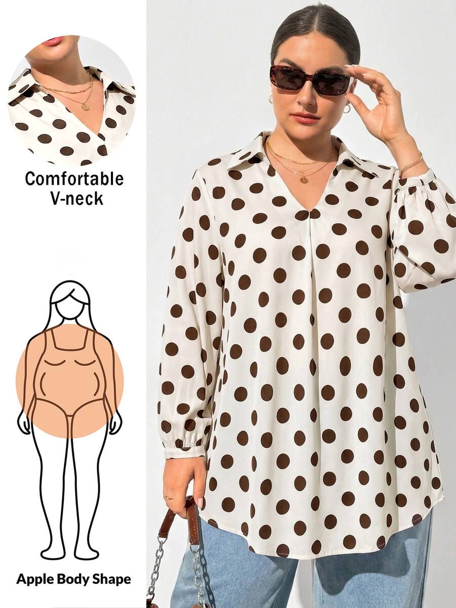 Shapeblank Women's Plus-Size Casual V-Neck Long-Sleeve Shirt – Apricot With Large Polka Dots – Loose, Comfortable, And Stylish For Spring & Autumn,Fall Outfits - Apricot - View 1