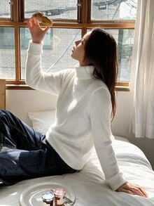 Zovinel Sweater Rajut Lengan Panjang Putih Leher Tinggi Musim Gugur yang Modis untuk Wanita - Putih - View 7