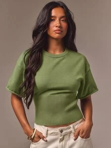 Athîral 女款咖啡棕圓領短袖修身針織上衣，適合夏季秋季度假早午餐辦公通勤外出休閒穿搭 - 綠色 - 查看 5