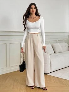 SHEIN Tall 女款黑色高腰寬腿長褲，優雅商務休閒上班西裝褲，高挑百搭純色秋冬老錢風正裝褲 - 卡其色 - 查看 5