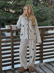 Livesso Women's Cartoon Animal Long Sleeve Single-Breasted Top And Pants Pajama Set - Grey - View 12